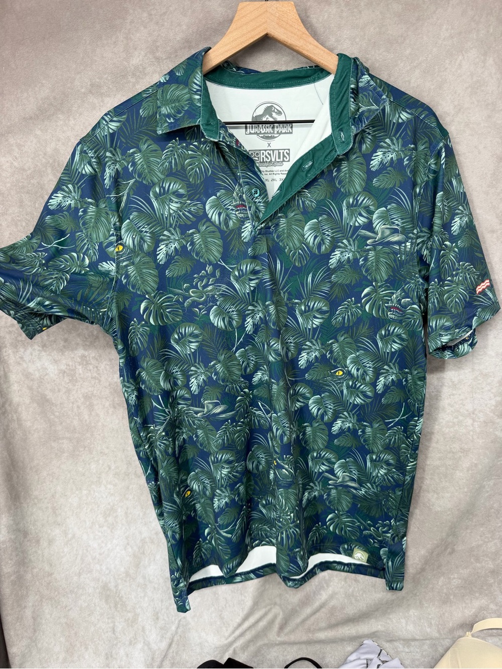 RSVLTS Breakfast Balls Jurassic Park Polo Shirt Mens Medium Green Tropical Golf